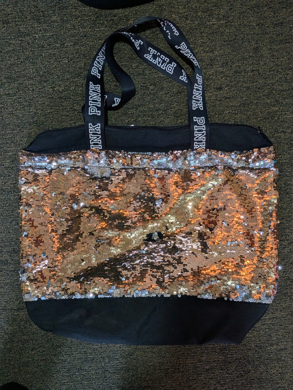 Victoria's Secret PINK Black Gold Sequin Tote Bag Logo Straps Double Handles